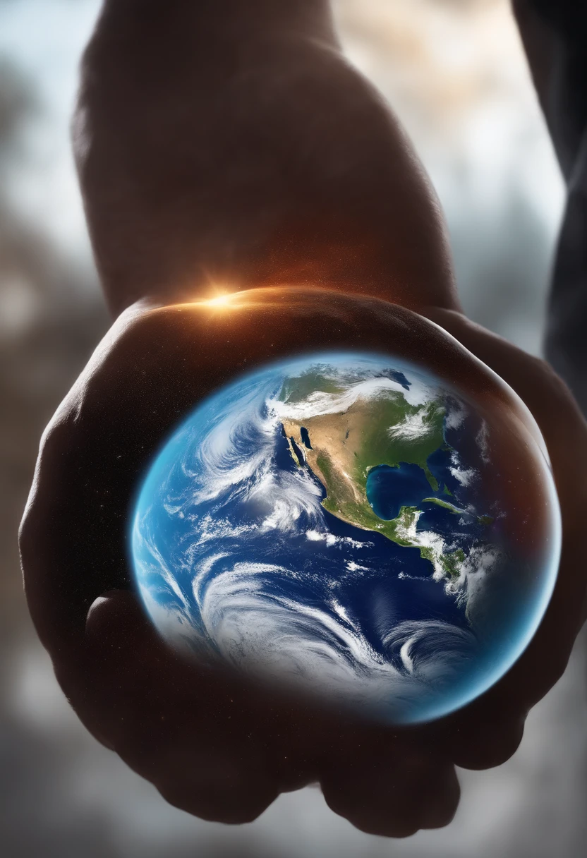 Humans have both hands, His hand holds planet Earth, Realistic quality, 4k画质