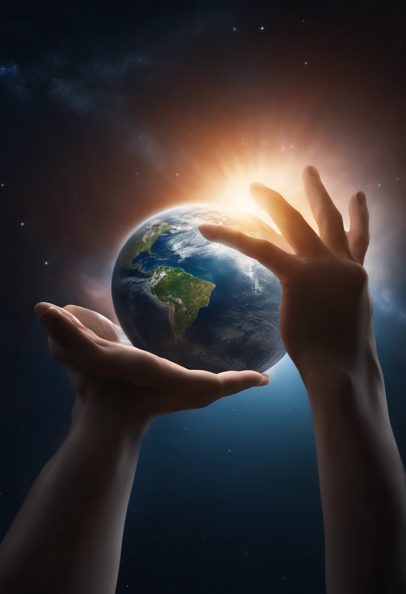 Humans have both hands, His hand holds planet Earth, Realistic quality, 4k画质