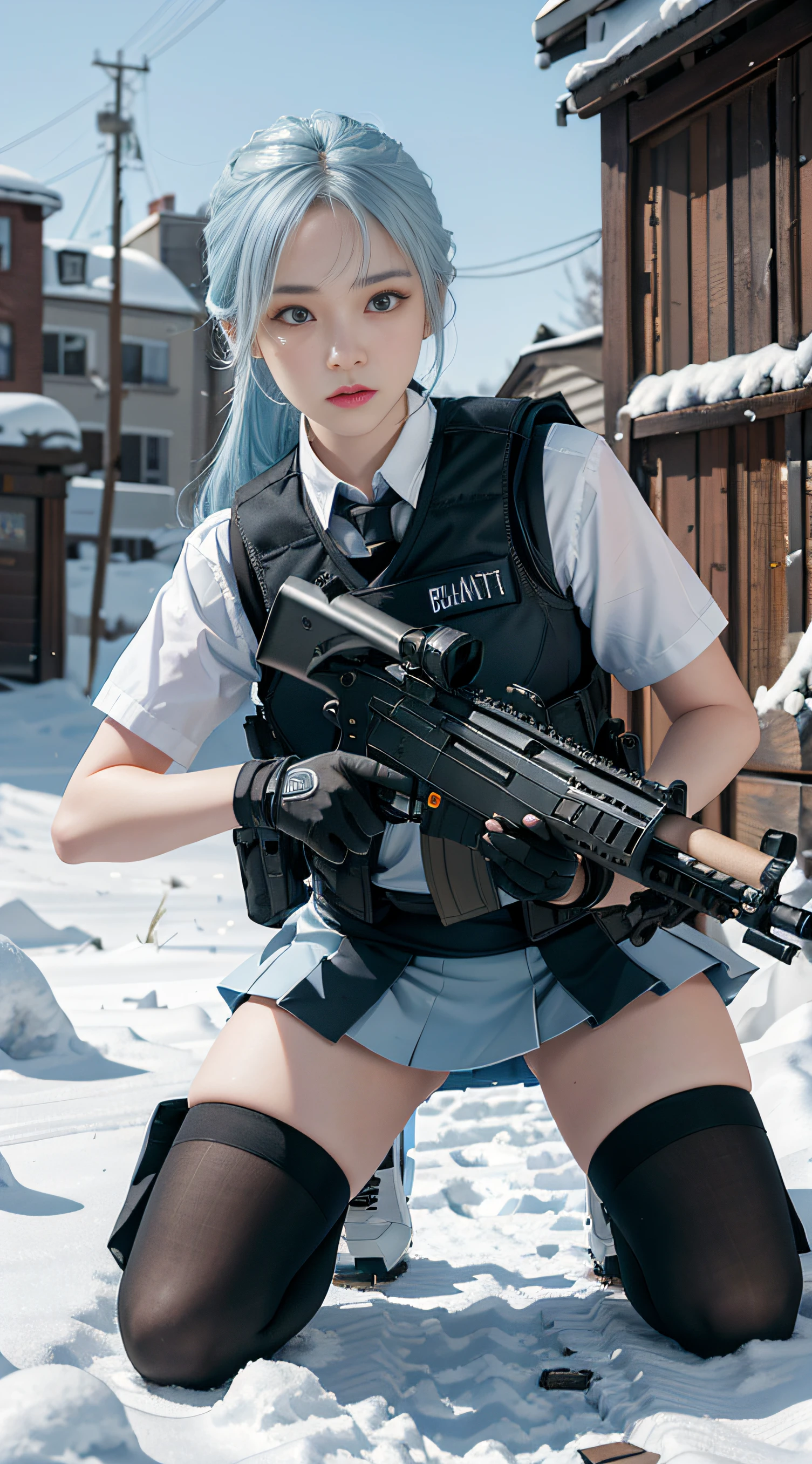 ((Best quality)), (Masterpiece), Photorealistic, Photorealism, A girl kneels and aims with an AK-47 assault rifle, Mini skirt, (upper legs), Photorealistic, high resolution,Snow background, looking to the camera, (Detailed face), Pale light blue hair, SWAT vests, Gun, jewelry,Black gloves,, Fingers are occluded