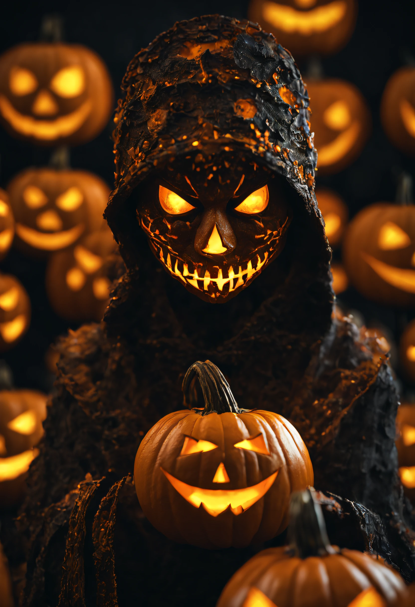 a demonic scarecrow with a pumpkin, jack o'lantern as the head, straw, night, fall weather, dark, creepy, cornfield, field on fire, rain, demonic, glowing red eyes, horror, scary, pumpkin head, bald