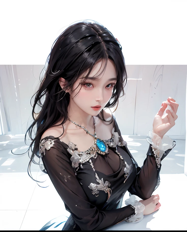 best quality, masterpiece, black hair, blue eyes, looking up, upper body