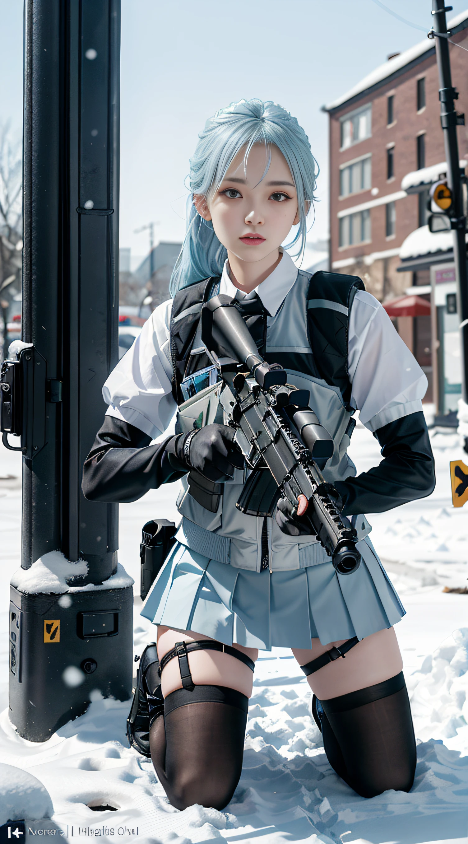 ((Best quality)), (Masterpiece), Photorealistic, Photorealism, A girl kneels and aims with an AK-47 assault rifle, Mini skirt, (upper legs), Photorealistic, high resolution,Snow background, looking to the camera, (Detailed face), Pale light blue hair, SWAT vests, Gun, jewelry,Black gloves,, Fingers are occluded