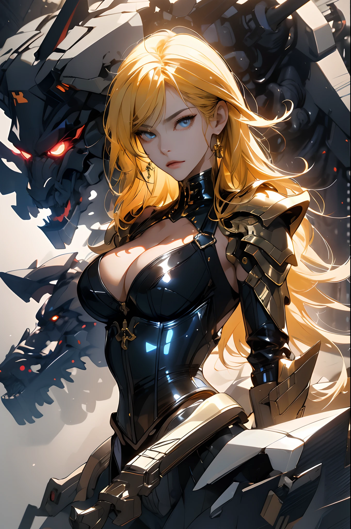 tmasterpiece, High- sharpness, high high quality, 详细的脸, detailed body render,Angry face,Mechanical armor, mechs,rubbery,blue corset,Yellow beam,collars,NSFW,((Best quality, 8K, Masterpiece:1.3))), Clear focus: 1.2、Armed accessories,arma,battle garment,Gradient yellow hair,(layer cut, :1.2),Beautiful woman with perfect figure: 1.4、Slender abs:1.2、Wet body:1.5、Highly detailed face and skin texture、Detailed eyes、Double eyelids,Long hair,Zhuzeshegi,character design。(gigantic cleavage breasts:1.2)