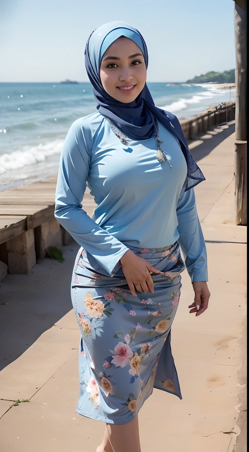 RAW, Best quality, high resolution, masterpiece: 1.3), beautiful Malay woman in hijab (iu:0.8),big breast, sitting, big eyes, beutifull face, watery eyes, big eyes, perfect face, soft smile, wearing long baju kurung batik pastel colour, on the beach sand