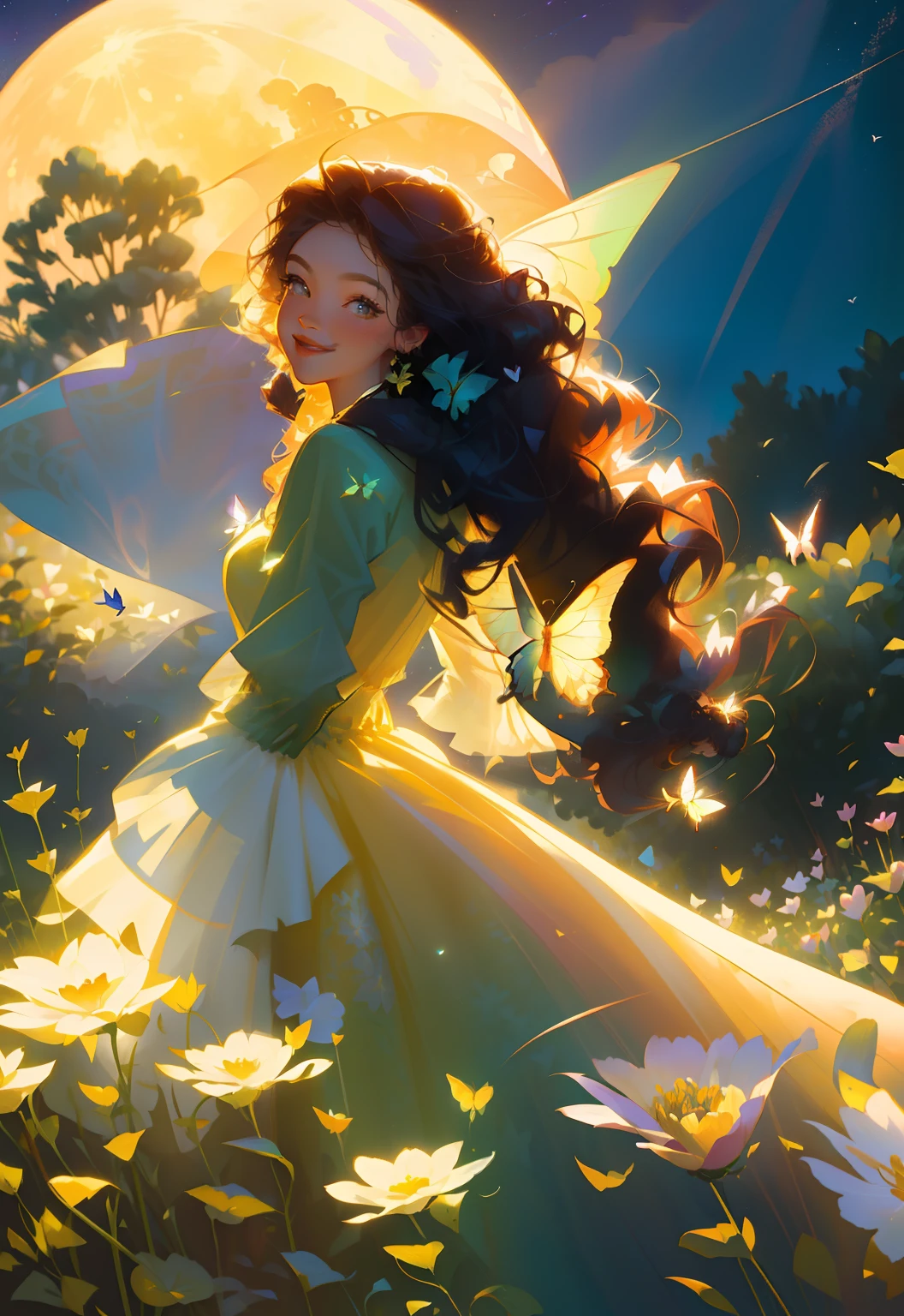 (masterpiece) best quality, high resolution, (dynamic angle) (dynamic pose) (1 woman), (long curly hair), (bright smile), (lovely dress) (floral pattern), (garden scene) (detailed background) (volumetric light), (floating), (butterflies flying around you) night, moon,