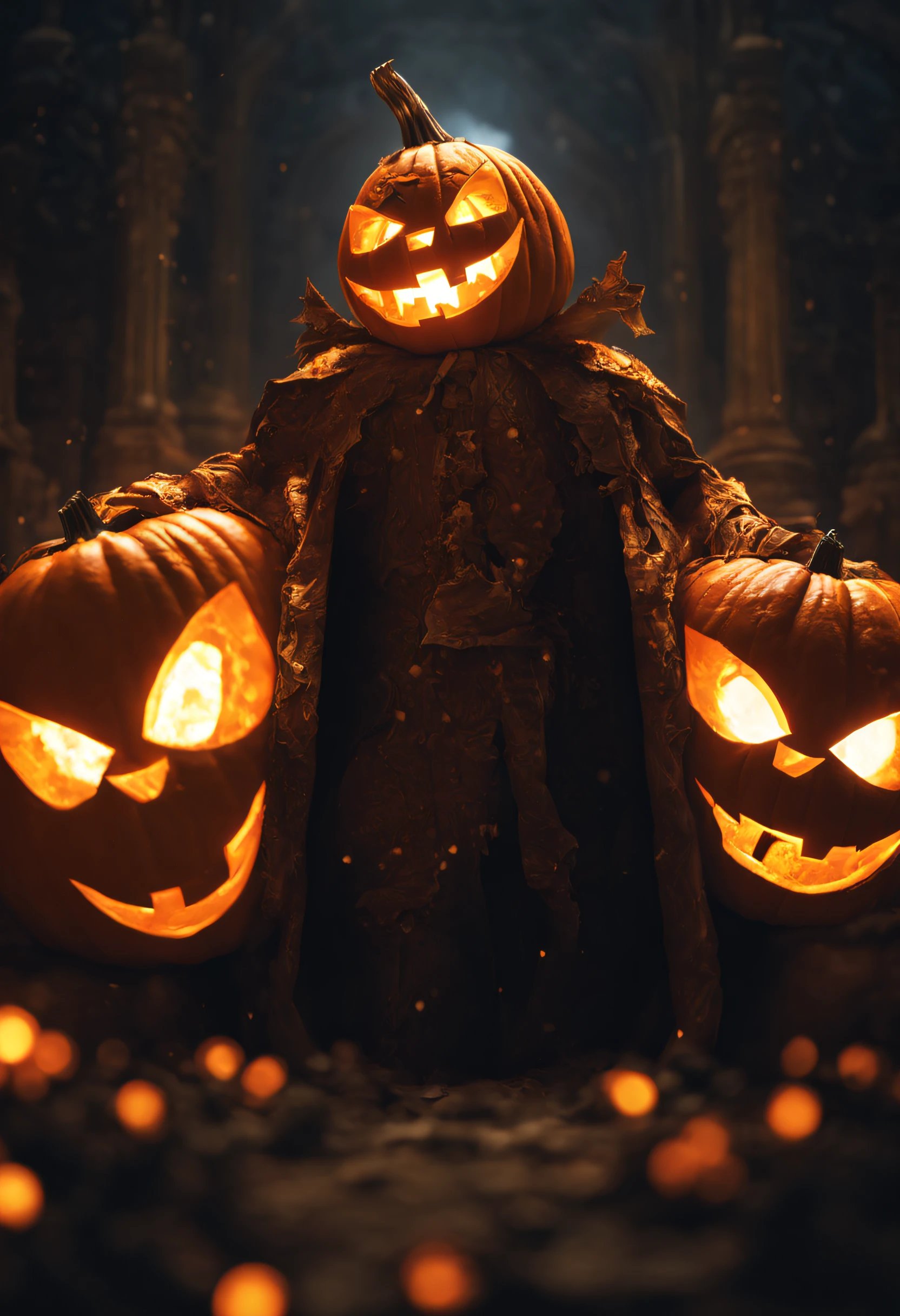 jack-o-lantern anthropomorphic , kaleidoscopic, Dark Paradise, oil, close-up, Game engine rendering, Bokeh, Digital painting, Monochromatic colors, Medieval, Beautiful lighting, realistic dramatic lighting 8k portrait fine details photorealism cinematic intricate details cinematic lighting photo realistic 8k