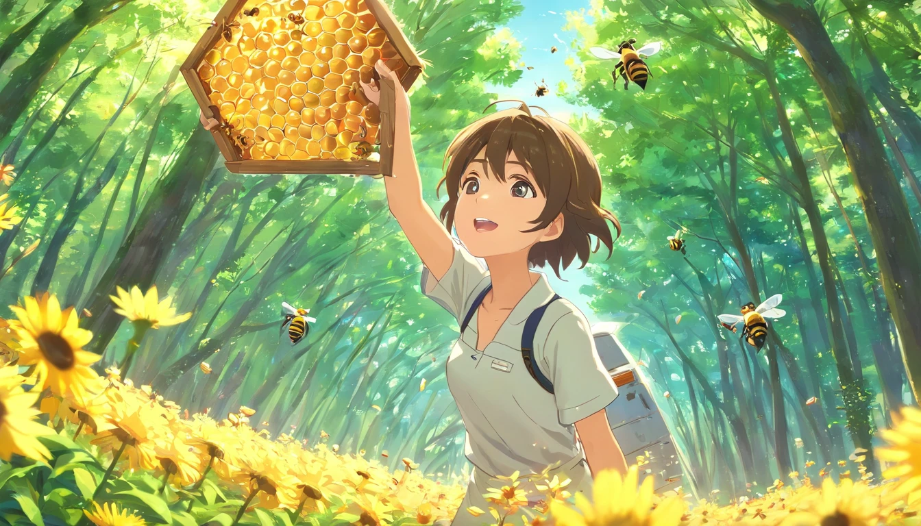 (Best quality,highr:1.2),Fotorrealista,anime big breast,beekeeper,Young men,White protective clothing,honeybee,honeycomb,(The farmer lifts up a bunch of small bees)Raising bees in the forest,rays of sunshine,The joy of harvest