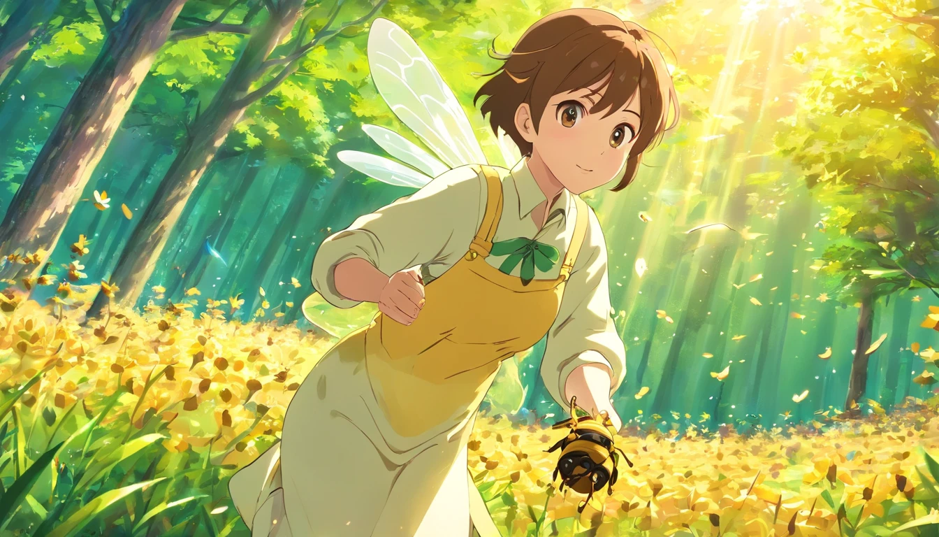 (Best quality,highr:1.2),Fotorrealista,anime big breast,beekeeper,Young men,White protective clothing,honeybee，honeycomb,(The farmer lifts up a bunch of small bees)Raising bees in the forest,rays of sunshine,The joy of harvest