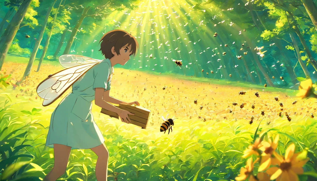 (Best quality,highr:1.2),Fotorrealista,anime big breast,beekeeper,Young men,White protective clothing,honeybee，honeycomb,(The farmer lifts up a bunch of small bees)Raising bees in the forest,rays of sunshine,The joy of harvest