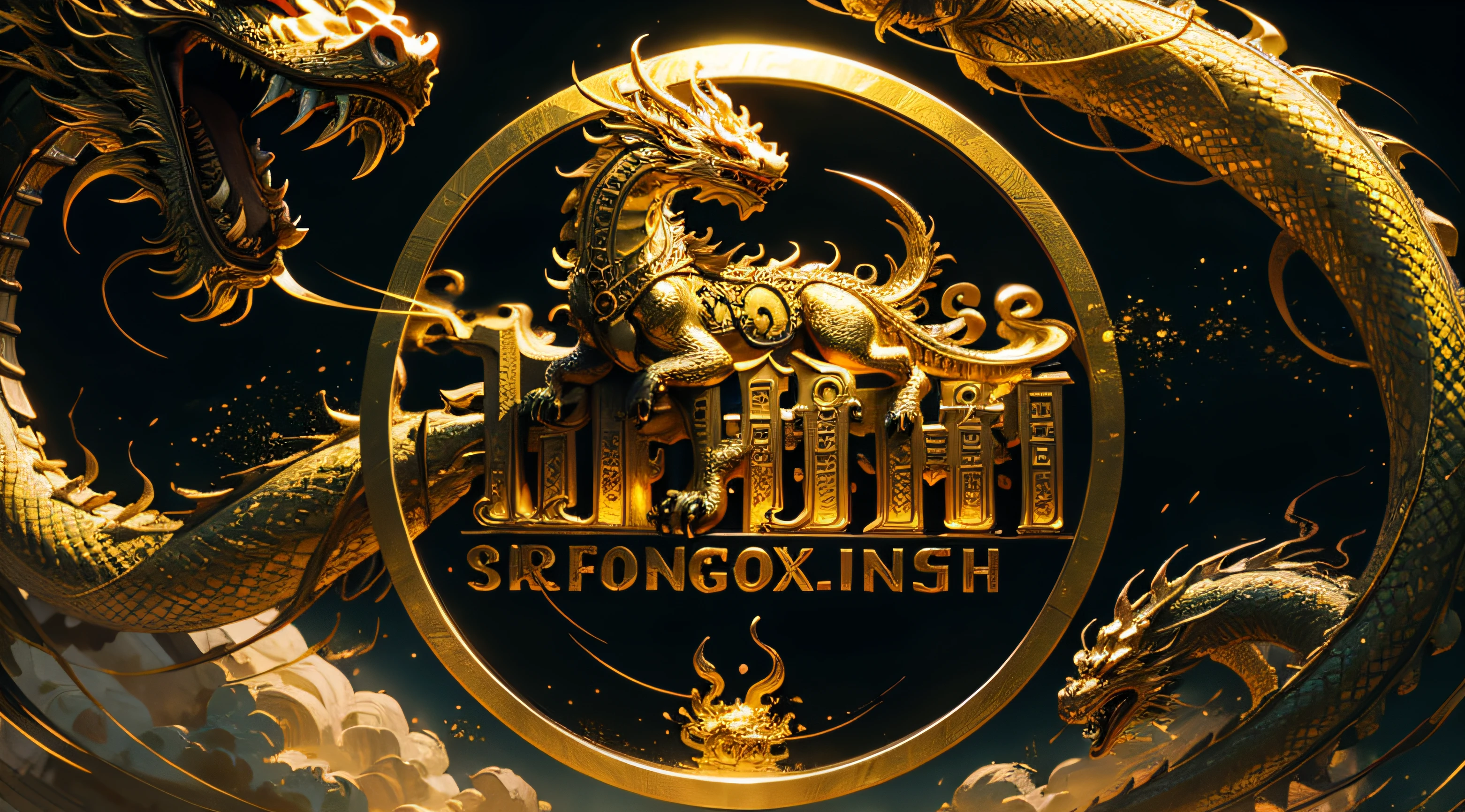 A dragon hovering over a Chinese-style building..,gold,totem,fire dragon, golden dragon, master-piece,Intricate patterns on the building,Emerald masonry point,master-piece,bestquality,Ultra - Details。
