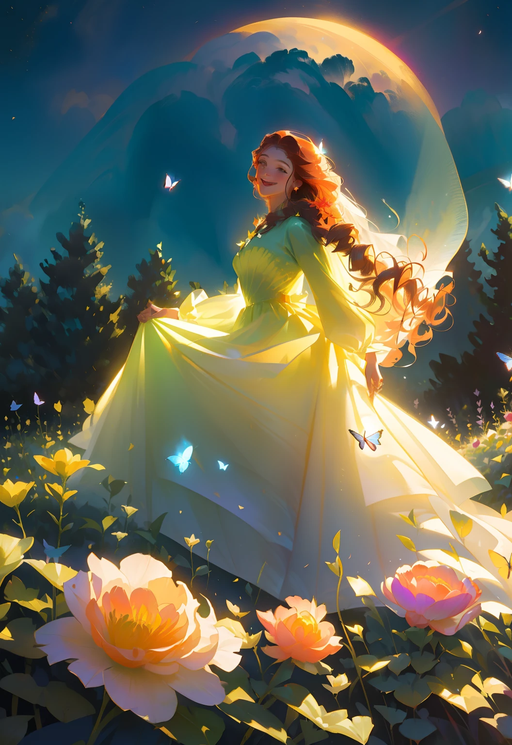 (masterpiece) best quality, high resolution, (dynamic angle) (dynamic pose) (1 woman), (long curly hair), (bright smile), (lovely dress) (floral pattern), (garden scene) (detailed background) (volumetric light), (floating), (butterflies flying around you) night, moon,