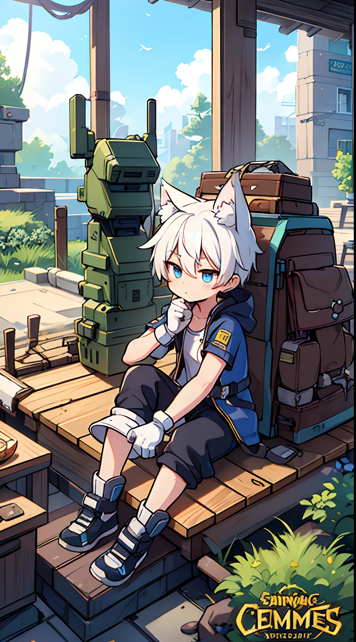 Game CG，8K quality，((younge boy))，Sense of childhood，Anime male protagonist，Wolf ears，Beast tail，Handsome face，Tactical communication goggles，Silvery-white dye，Sky blue dye，High-tech all-in-one mech set，Mechanical gloves，Mechanical combat boots，Full body like，Spread your legs，Defeat，corrupted，Sit down on the ground，Inside the Cosmic Future Factory