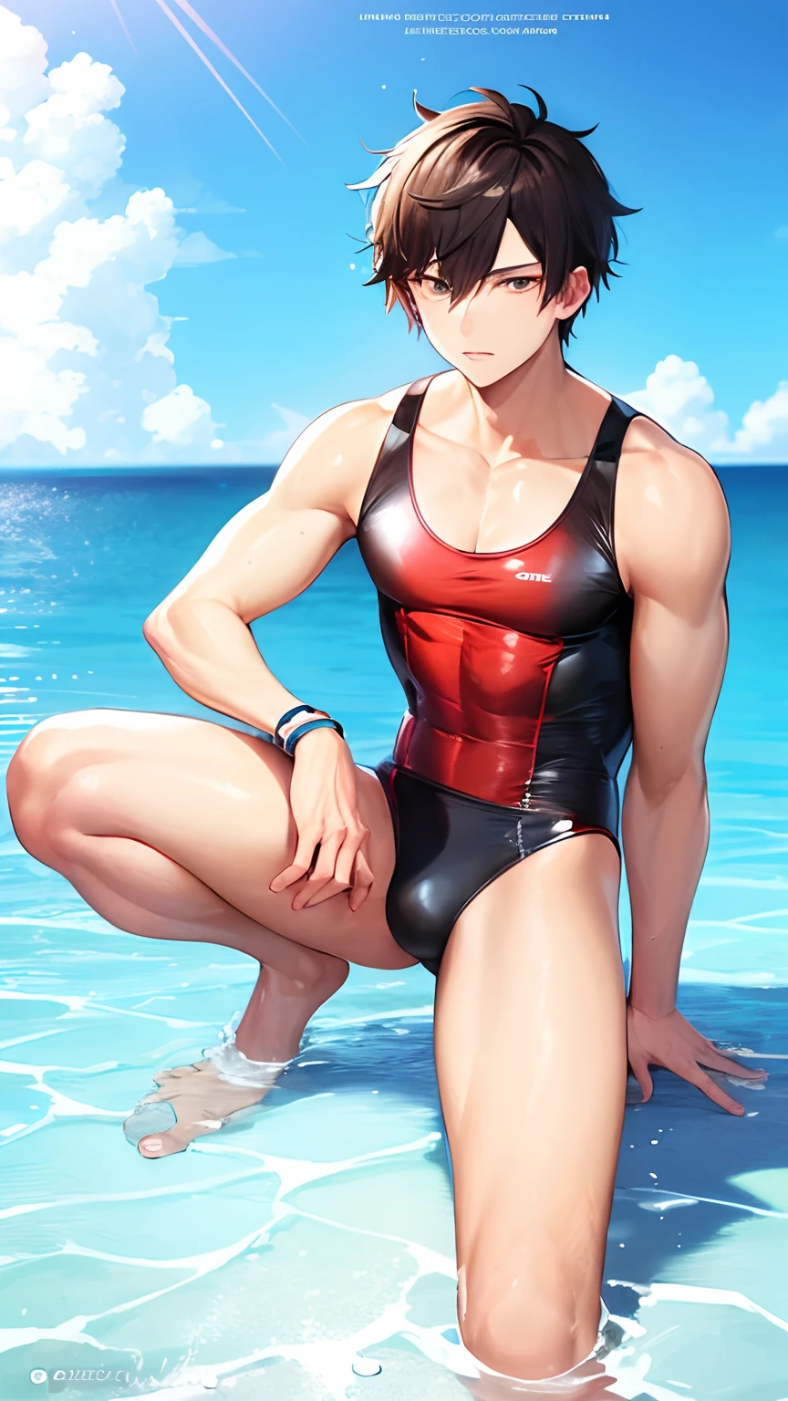 Cool anime boy in black and red tanksuit, Black and Red High Leg Racing Swimwear, wearing a swimming wear, garments:High-cut swimwear, In pixiv, Male protagonist , onepiece swimsuit, Competitive swimsuit, high-cut, Hand pose behind his body!, pixiv, Swimsuit, muscular!!, high quality fan art, Muscular men, swim wears, highly detailed exquisite fanart, glossy wet skin!!, oc commission, splash art anime, cutesexyrobutts, highleg, Blue-eyed boy, Boy with short ash-haired, High Leg Racing Swimwear, Bare shoulders, bare legs, Bare arms,