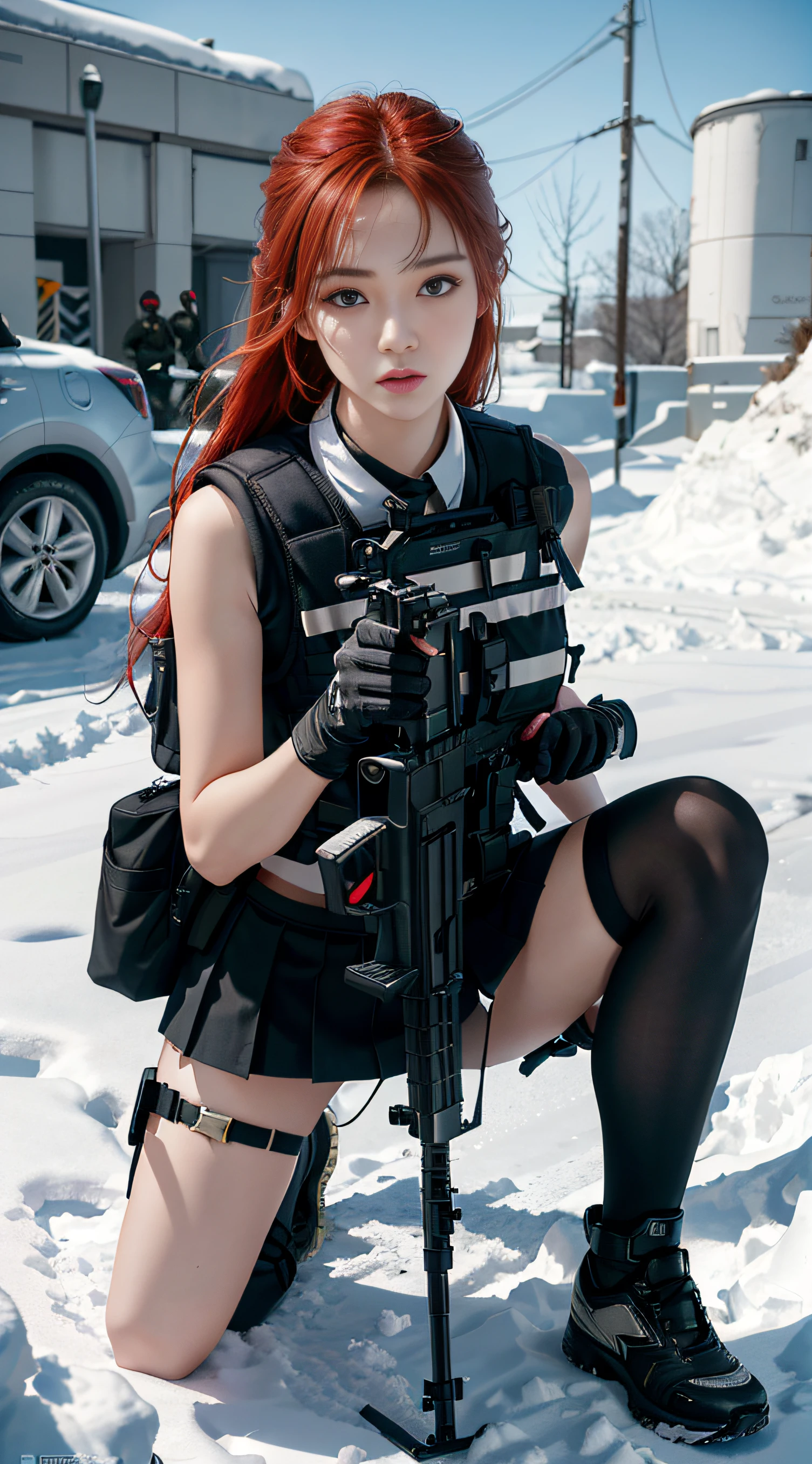 ((Best quality)), (Masterpiece), Photorealistic, Photorealism, A girl kneels and aims with an AK-47 assault rifle, Mini skirt, (upper legs), Photorealistic, high resolution,Snow background, looking to the camera, (Detailed face), Red hair, SWAT vests, Gun, jewelry，Black gloves,, Fingers are occluded