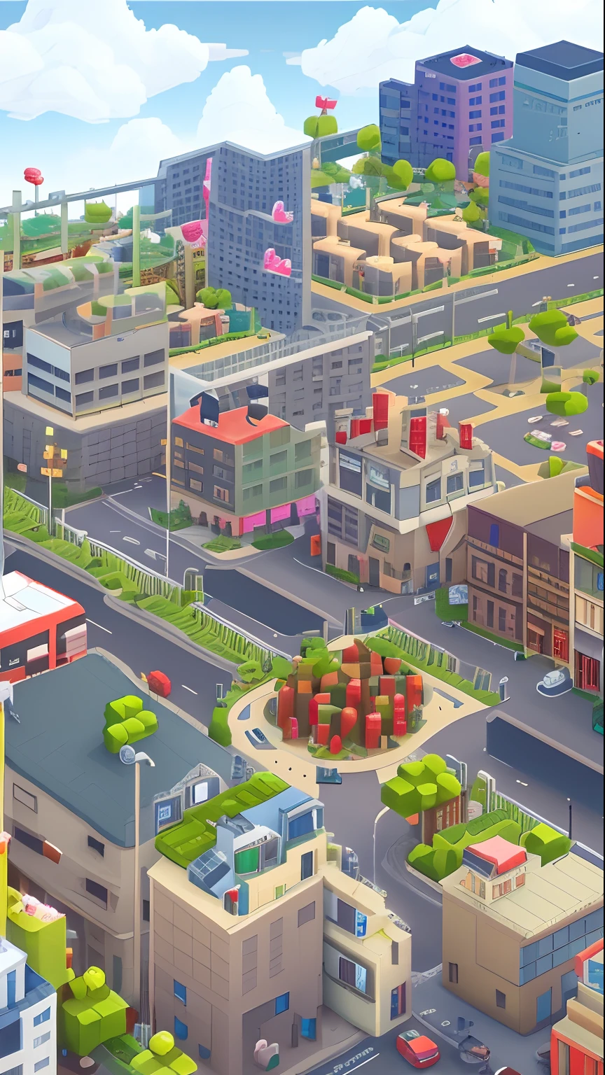 Background image of the main interface of the game，Cityscape with many buildings and red apples, life simulator game screenshot, 3 d city, Busy city, voxel based world, detailed photo of virtual world, hyper detailed scene, Small city, Busy streets, In a busy city, game screenshot, gameplay still, isometric game, game screenshot, in game graphic, pixel town