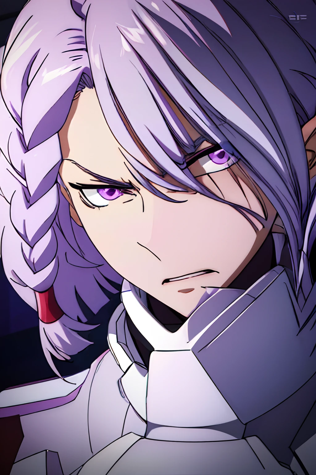 Acely, Valvrave the Liberator, Sharp purple eyes, Lilac-gray hair, His left eye is obscured by his hair bangs, Braided into bob hair, Short hair, Opened mouth, Angry face.