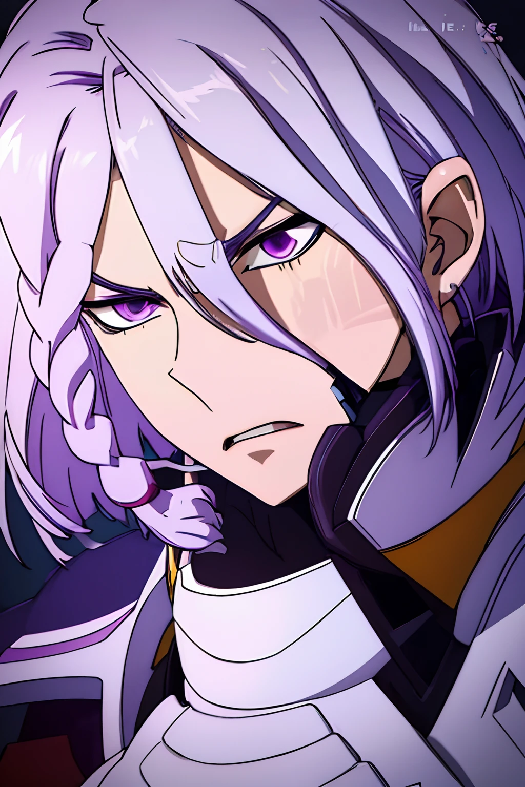 Acely, Valvrave the Liberator, Sharp purple eyes, Lilac-gray hair, His left eye is obscured by his hair bangs, Braided into bob hair, Short hair, Opened mouth, Angry face.