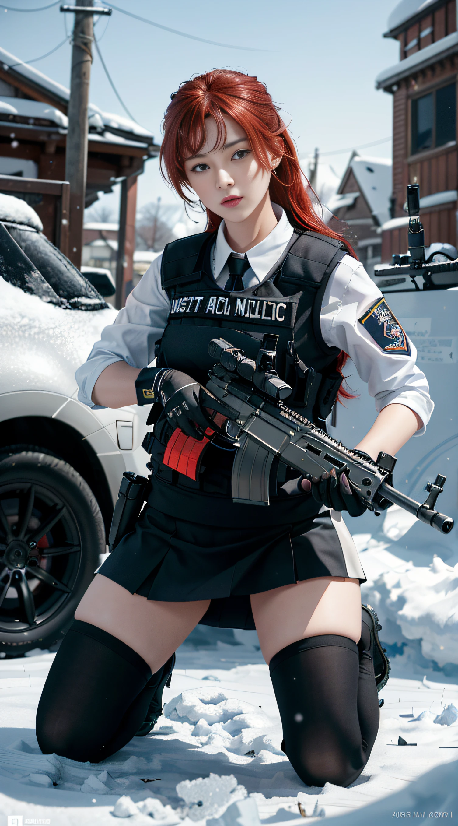 ((Best quality)), (Masterpiece), Photorealistic, Photorealism, A girl kneels and aims with an assaurifle, Mini skirt, (upper legs), Photorealistic, high resolution,Snow background, looking to the camera, (Detailed face), Red hair, SWAT vests, Gun, jewelry,Black gloves,, Fingers are occluded