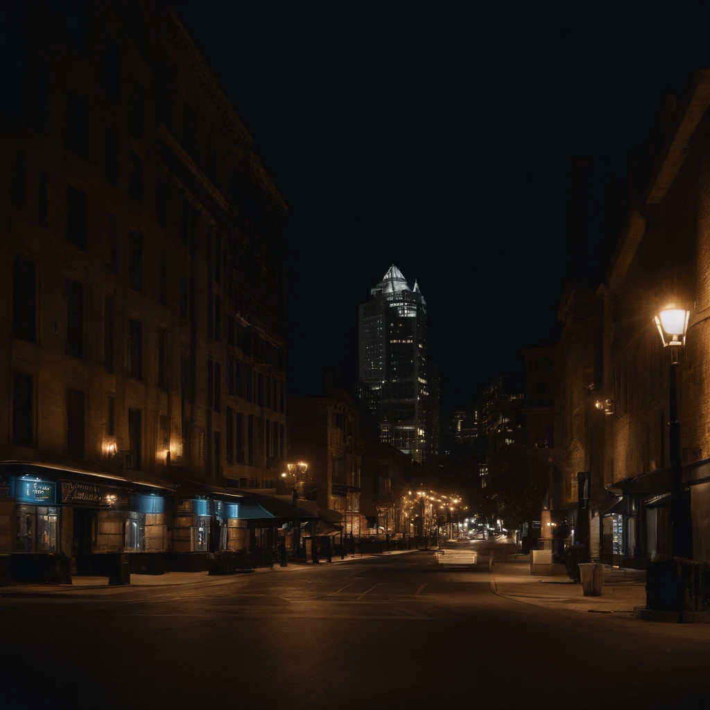 A view of a street at night with a light pole and buildings - SeaArt AI