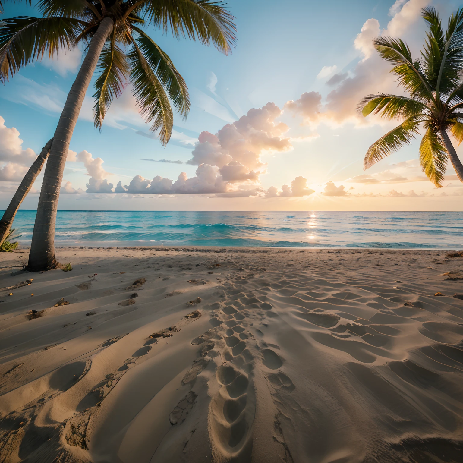 Please create a high-quality image with advanced levels of detail in a cinematic style, with realistic details. The scene should include 2 rafts anchored on the sandy beach, in front of a stunning tropical beach with turquoise blue water, gentle waves, white sand, a marvelous sunset in the background, and the sun reflecting on the sea, surrounded by coconut palm trees.