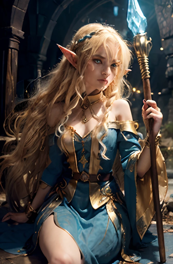 (1 girl) Blonde Elf. Cyan eyes. long curly colored hair, scattered in a mess. Ripped blue dress with gold embroidery. high-heeled shoes. Detailed eyes and face, delicate features. , (Sexy). arms bound. Ready Pose. Long wait. In the middle of a prison cell. bowls of water and food on the floor. (circuits, Hanging on the walls). (Whips and shackles on the floor) dramatic lighting. higly detailed. full-length photo.