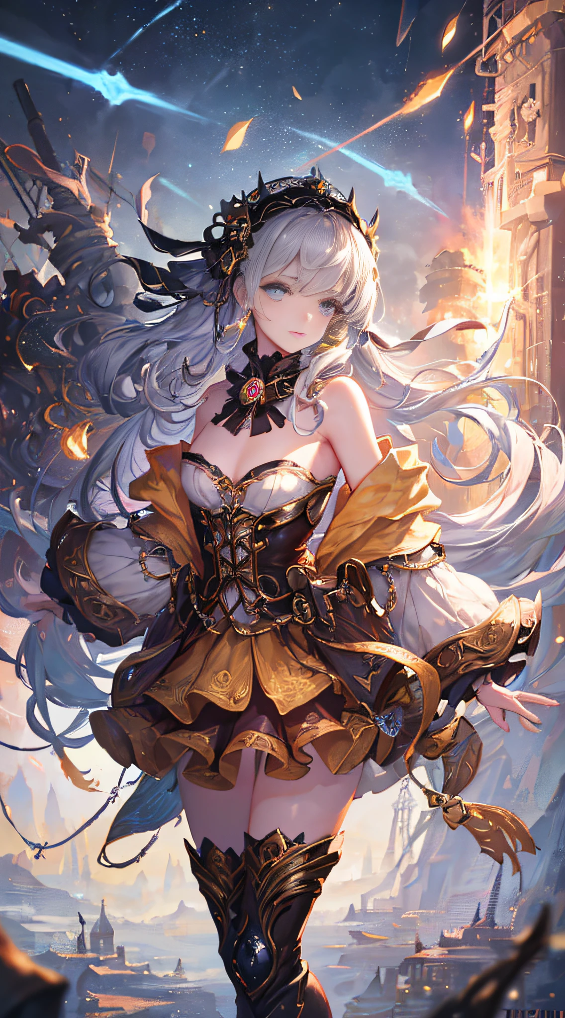 Wizard girl.
(((masterpiece, best quality, raw photo, photorealistic, depth of field, ultra detailed, detailed face, very precise eyes))), Dynamic Action Pose, Invoke Magic, Mechanical Magic Weapons, very slender long legs, lace stockings on the knee, steampunk headgear, fluttering lace flared mini skirt, off-shoulder fashion with a fusion of detailed and intricate steampunk and detailed gothic lolita, upward and beautiful small breasts, Clean long silver hair, long vertical curly hair, wind driven, futuristic complex steampunk factory background, infinite dark universe, flying celestial bodies, countless celestial neon lights raining down from the heavens, cinematic lighting decoration.