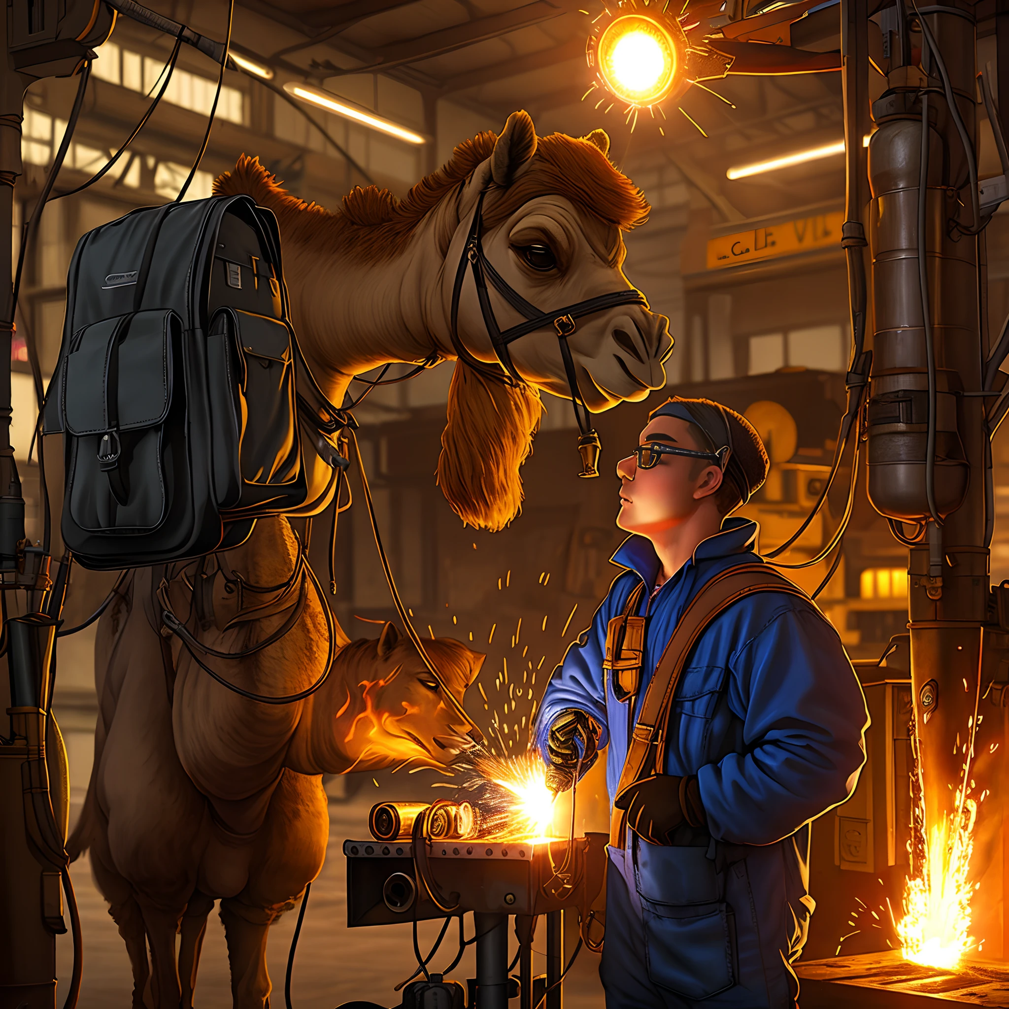 Camel with satchel with a welding machine and a welder on it with torch in hand, une petite bouteille de gaz sous le coup