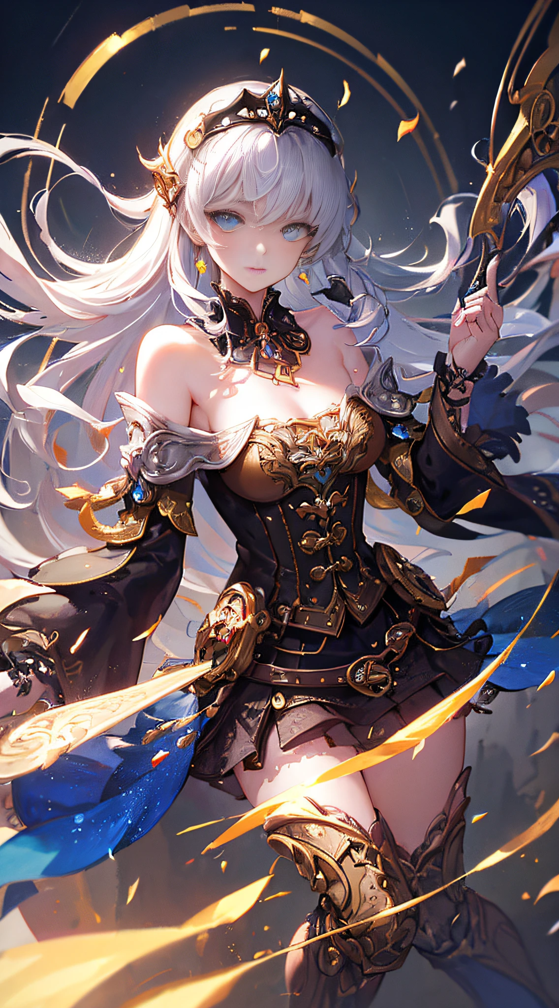 Wizard girl.
(((masterpiece, best quality, raw photo, photorealistic, depth of field, ultra detailed, detailed face, very precise eyes))), Dynamic Action Pose, Invoke Magic, Mechanical Magic Weapons, very slender long legs, lace stockings on the knee, steampunk headgear, fluttering lace flared mini skirt, off-shoulder fashion with a fusion of detailed and intricate steampunk and detailed gothic ta, upward and beautiful small breasts, Clean long silver hair, long vertical curly hair, wind driven, futuristic complex steampunk factory background, infinite dark universe, flying celestial bodies, countless celestial neon lights raining down from the heavens, cinematic lighting decoration.