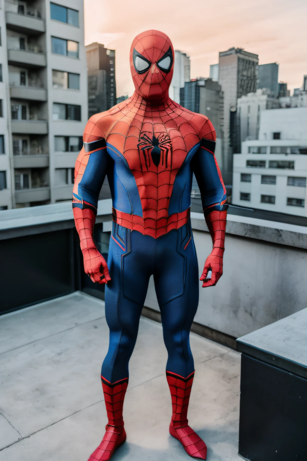 realistic, high detail, 8k, 1man, shot from above, VPL, ************, spider-man costume, mask, muscular, slim muscular standing, look at viewer, full body shot, high rooftop building background, sunset, warm color