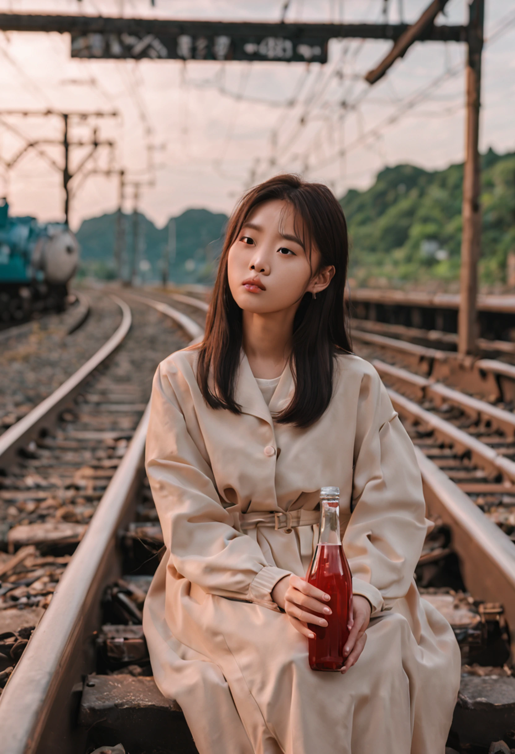A woman sits on a train track,Holding a bottle of drink in his hand,, lofi girl aesthetic,child, young and cute girl, Choi Hyun-hwa