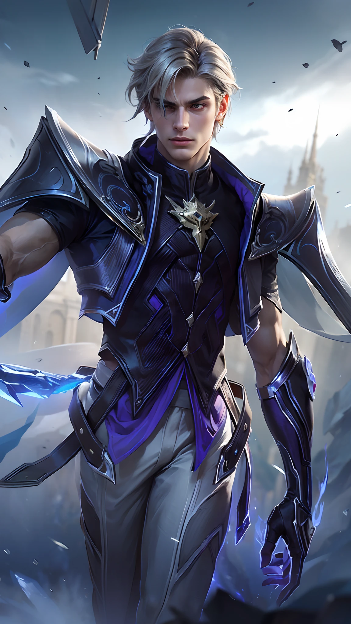 (Intricate Details, Masterpiece, Best Quality, High Resolution, 8k), (1man), (male:1.2), mature, dandy face, finely detailed eyes and face, toned body, masculine appeal, commanding presence, hot stud, bulging biceps and triceps, well-developed quadriceps and hamstrings, light skin, burgundy straight layered bangs hair, aquamarine eyes,  ornate details,  portrait, solo, half shot, looking down, detailed background, detailed face, (cogpunkai, cogpunk theme:1.1),  tech-mage,   [magic|technology], melding of spellcraft and advanced technology,  intricate [spellcasting clothes|mechanical gear], gear shaped glyphs,  ancient crystals,  [gears|ancient spell],  floating particles,  [innovative|enchanting] aura, high tech vehicle in background,   , finely detailed background, Depth of Field, VFX, young man and handsome