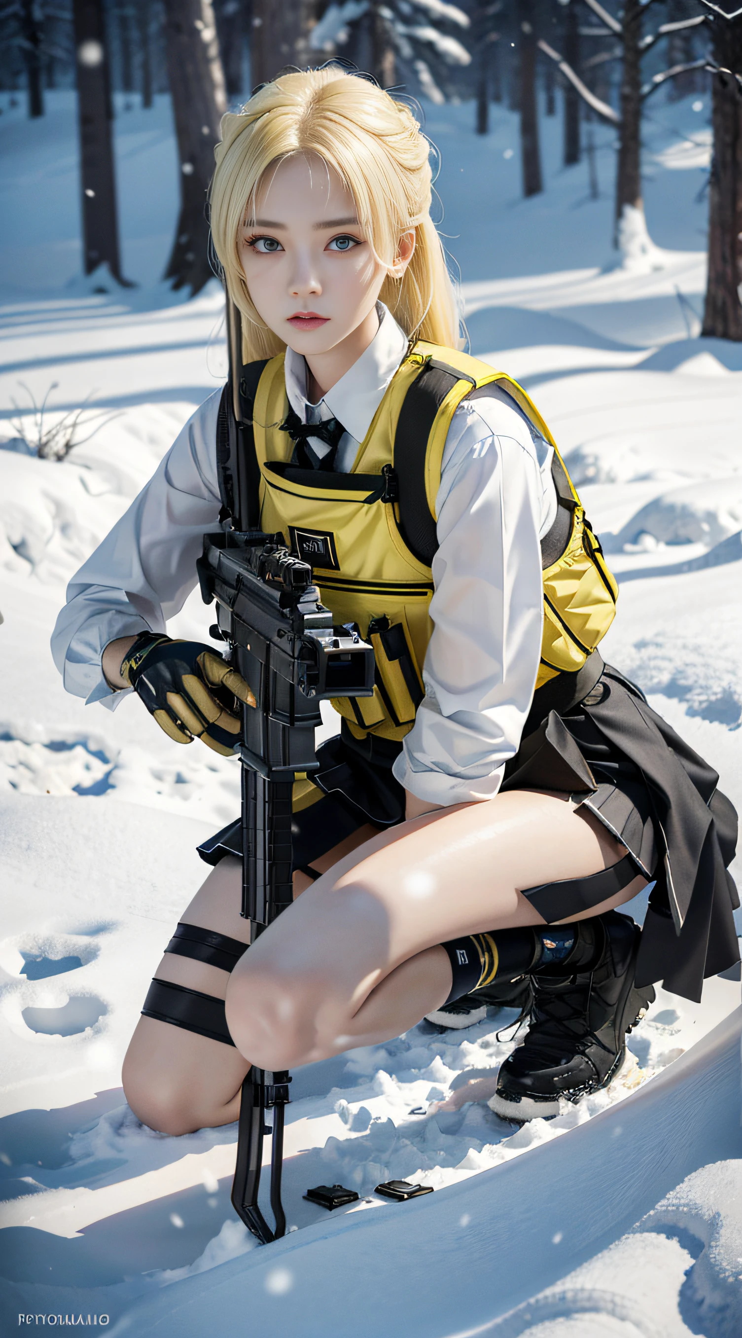 ((Best quality)), (Masterpiece), Photorealistic, Photorealism, A girl kneels and aims with an AK-47 assault rifle, Mini skirt, (upper legs), Photorealistic, high resolution,Snow background, looking to the camera, (Detailed face),Light yellow hair, SWAT vests, Gun, jewelry,Black gloves,, Fingers are occluded