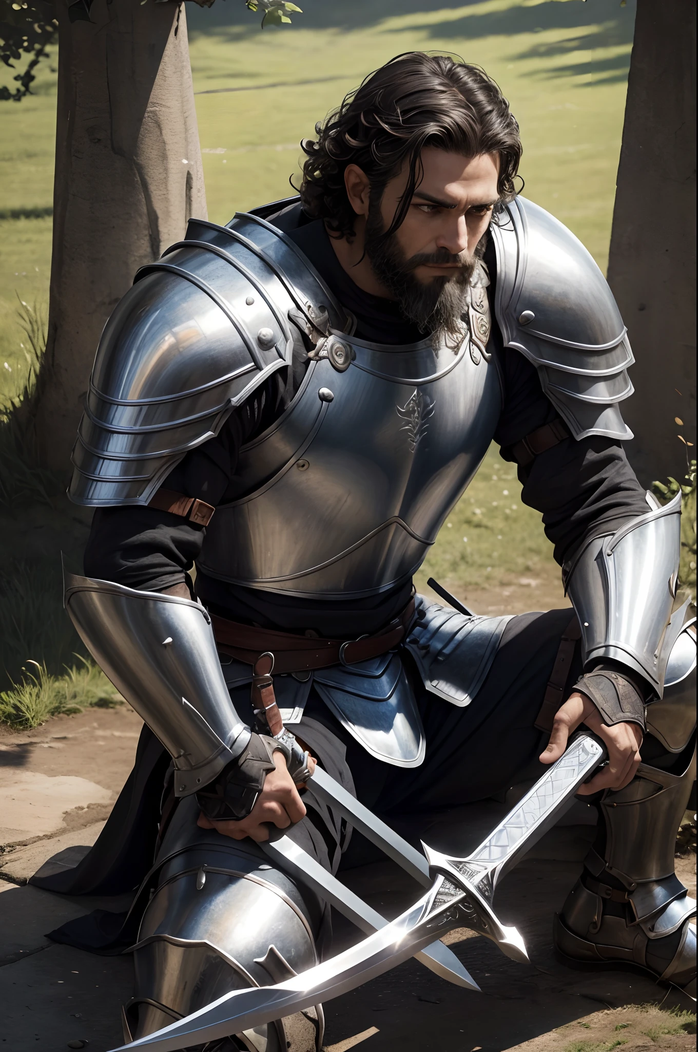 Man sitting on the ground, looking at ground, muscular tired, sword, short hairs, curly hairs, short beard, gray hairs, ancient knight Armor, sunny day, sunlight, shining Armor, shining sword, war land, wallpaper, Inspired by kingdom of heaven
HDR, UHD, 4k, High quality details