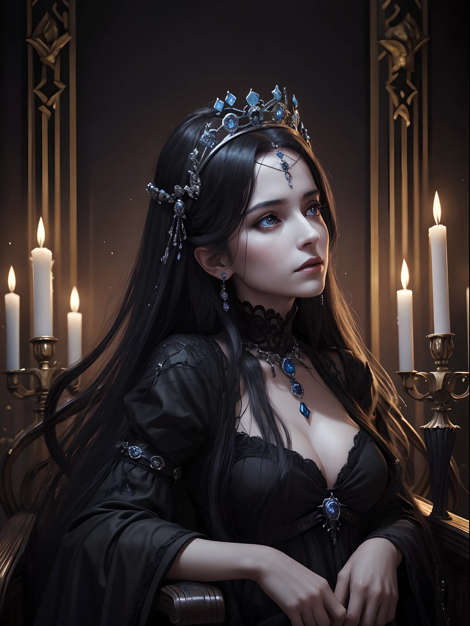 Black and blue tones、Hell、purgatory、candelabra、Mozart's Requiem、Mystical、horor、rokoko、darkness、karo、badas、epidemic、ruler、Pitch Black Darkness、hopelessness、lamentation、oppression、nothingness、intense cold、Black Ghost、Adult female mature woman in her 40s、a throne、Queen of the Dead、Persephone、lilith、hades、Greatest awe、immortal、draconian、dignity、Awe-inspiring Hall々、Proud、noble、dignity、solemnity、Bewitching、Chaste and lascivious cohabitation、hatred、obsession、jewely、ruthless、greed、Lack of warmth、3-point live method、Oil Painting、Best Quality、hight resolution、foco nítido、Perfect Angle、perfect-composition、From Side、Portrait of Queen D,Highly detailed footage of the Queen of the Dead,Stunning portrait of the Queen of the Exparted,Portrait of the Queen of the Dead,Queen of the Dead Full Body Close