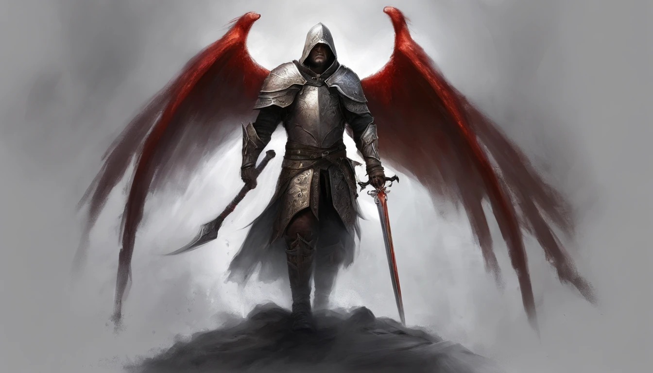 (portraite of a), ((beste-Qualit, hight resolution, ultradetailed), bright colours, 1 male, grown up, tall muscular guy, wide shoulders, Fantasy, dnd, Aasimar, person, the angel of death, black wings, White Smooth Face Mask, ((face mask)), Mask on the whole face, Hides Eyes, hides the face, White long hair, white colored hair, slick hair, straight hair, Chain mail, chain mail armor, Fantasy armor, cinematic composition, Creating an atmospheric atmosphere, knight, paladin, PaladinOathbreaker, Gothic armor, Full-length portrait of a mysterious knight, Wearing heavy armor, pale skin, macabre, Gloomy design, Has red smoke and aura, evil knight, Fallen Knight, eldritch, Creepy, nightmarish, Epic Angel Wings, light around the head, red torn cloak, Additional lighting, whitebackground