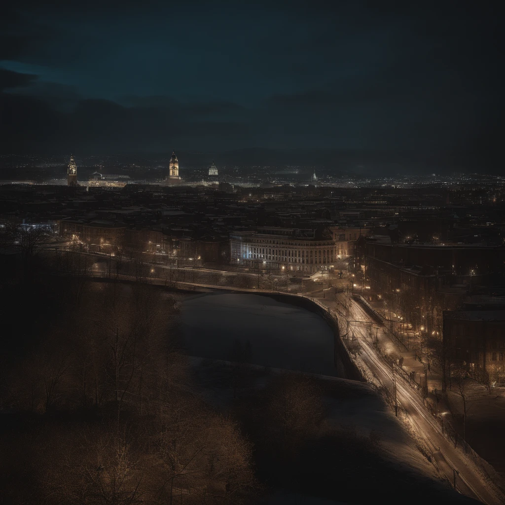 Dark night, winter, city view