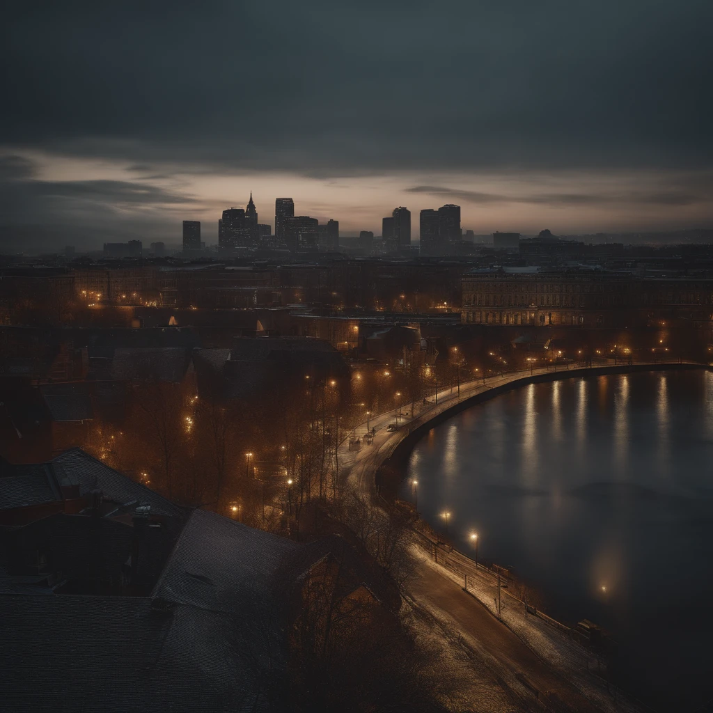 Dark night, winter, city view