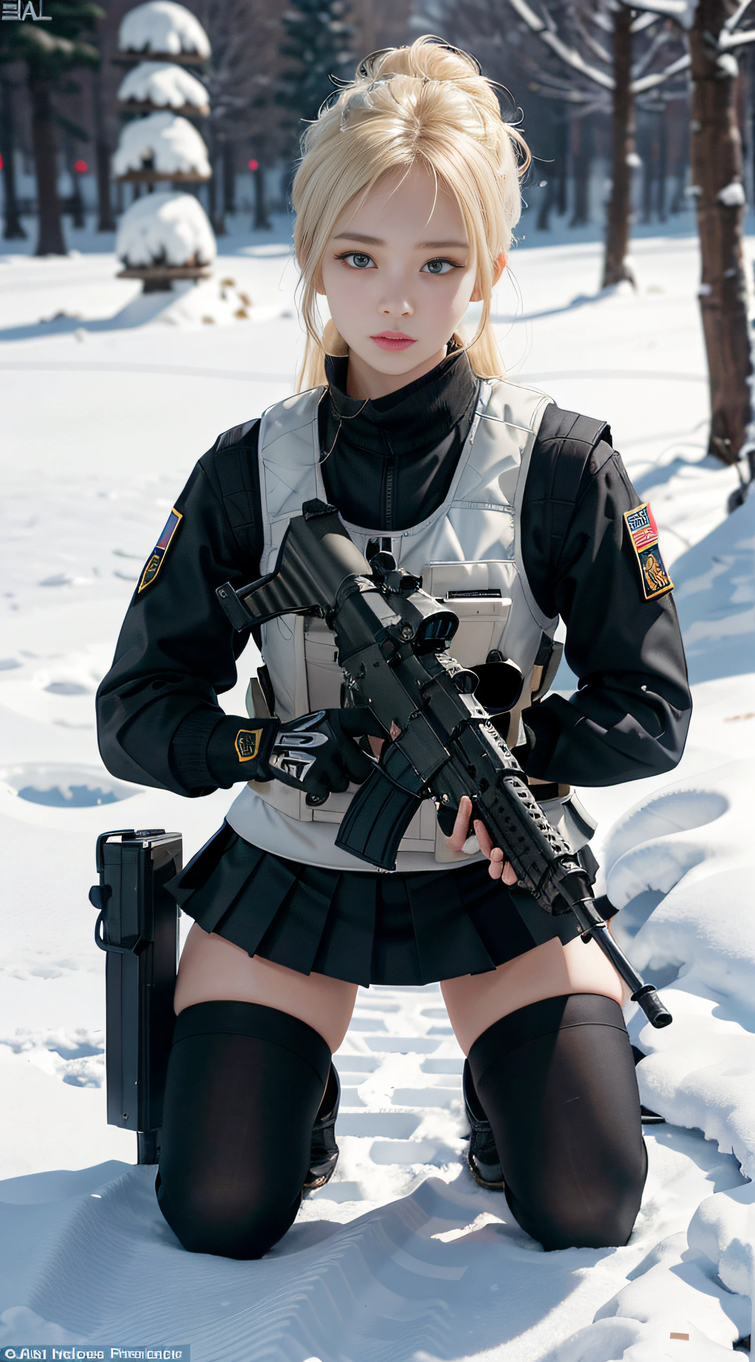 ((Best quality)), (Masterpiece), Photorealistic, Photorealism, A girl kneels and aims with an AK-47 assault rifle, Mini skirt, (upper legs), Photorealistic, high resolution,Snow background, looking to the camera, (Detailed face), coiffed blonde hair, SWAT vests, Gun, jewelry，Black gloves,, Fingers are occluded