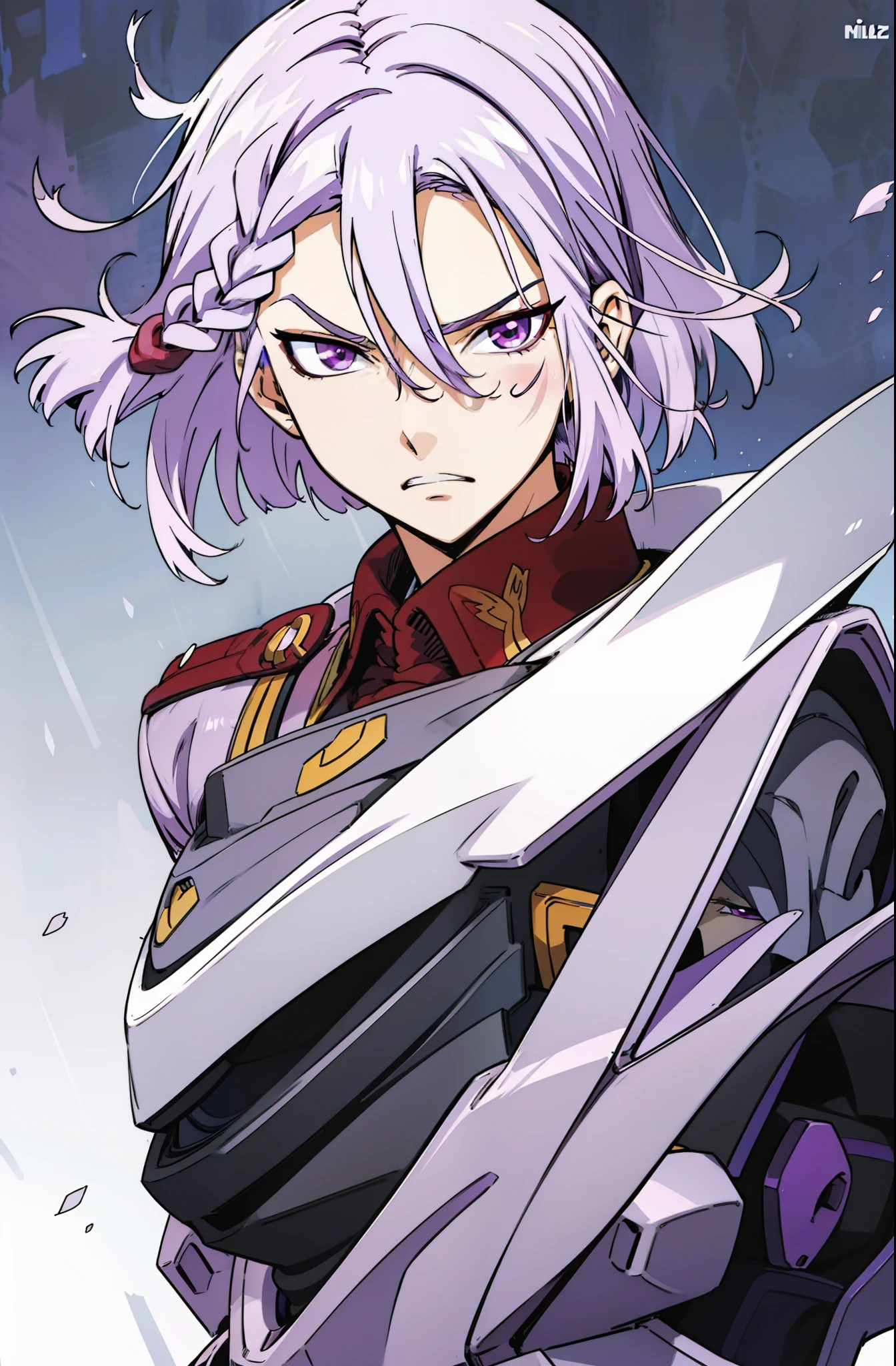 a-drei, Valvrave the Liberator, Sharp purple eyes, Lilac-gray hair, His left eye is obscured by his hair bangs, Braided into bob hair, Short hair, millitary uniforms.