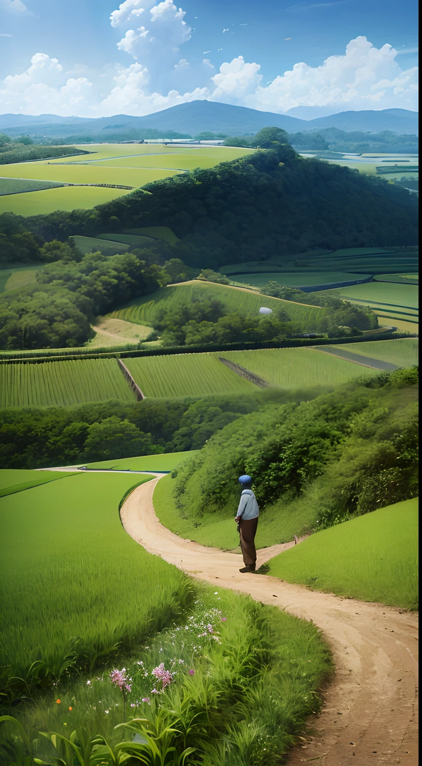 An old farmer carrying a flat burden, walking on the winding path of the countryside, big clouds, blue sky, rice fields, neat rice seedlings in the field, forest, hillside, secluded, countryside, HD detail, hyper-detail, cinematic, surrealism, soft light, deep field focus bokeh, ray tracing and surrealism. --v6