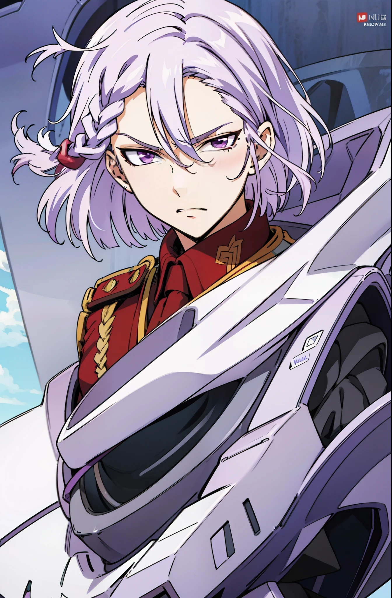 a-drei, Valvrave the Liberator, Sharp purple eyes, Lilac-gray hair, His left eye is obscured by his hair bangs, Braided into bob hair, Short hair, millitary uniforms.