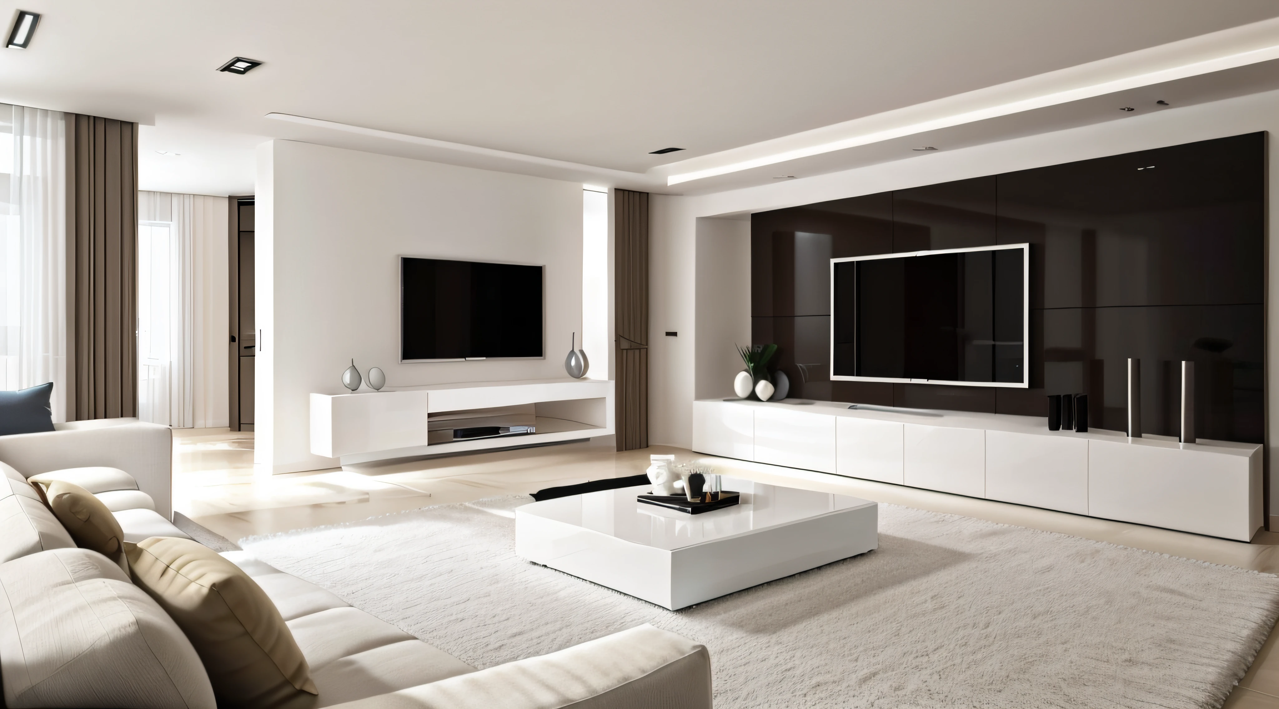 White sofa and tv unit in spacious room. Luxury home interior design of modern living room, panorama
