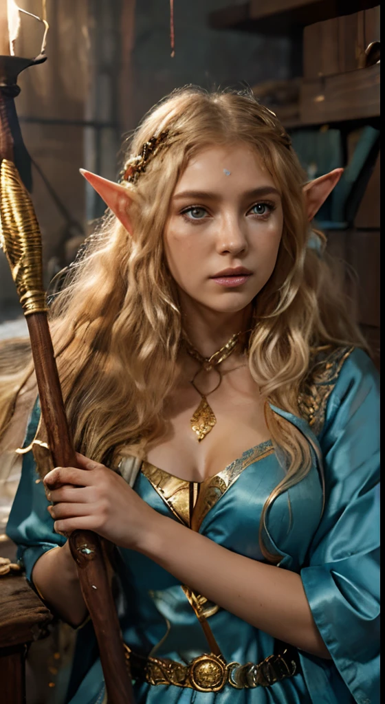 (1 girl) Blonde Elf. 20years old. Cyan eyes. (elf ears)(golden long curly hair, scattered in a mess:1.2). (Dirty blue dress with gold embroidery). high-heeled shoes. Beautiful Character Face. Detailed eyes and face, delicate features. , (Sexy). Tired. A state of belligerence. (Fights off an enemy in the middle of a dungeon), (with a wooden staff in his hand). light mist. Anxious atmosphere. Fantasy theme,. dramatic lighting. higly detailed.