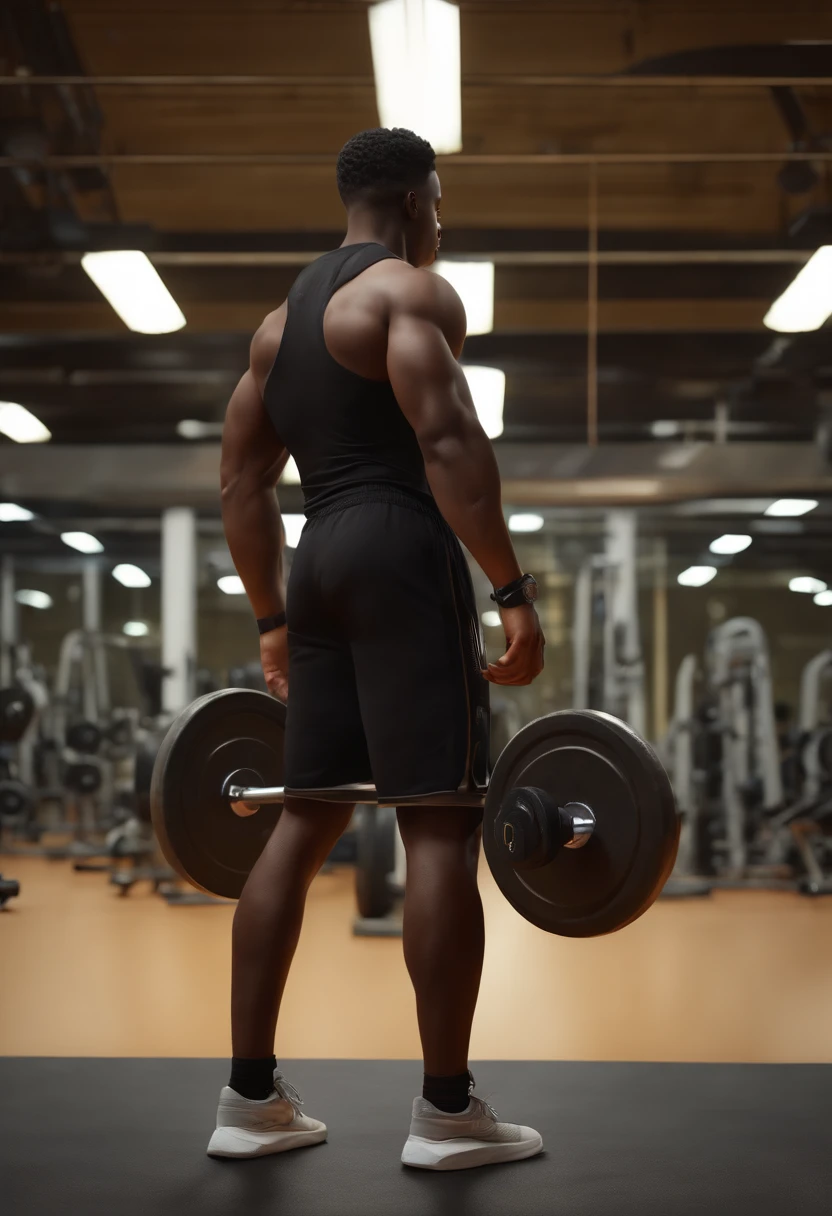 A gorilla bodybuilder in 3d art dressed in shorts a weight room from the back doing a squat with a loaded bar