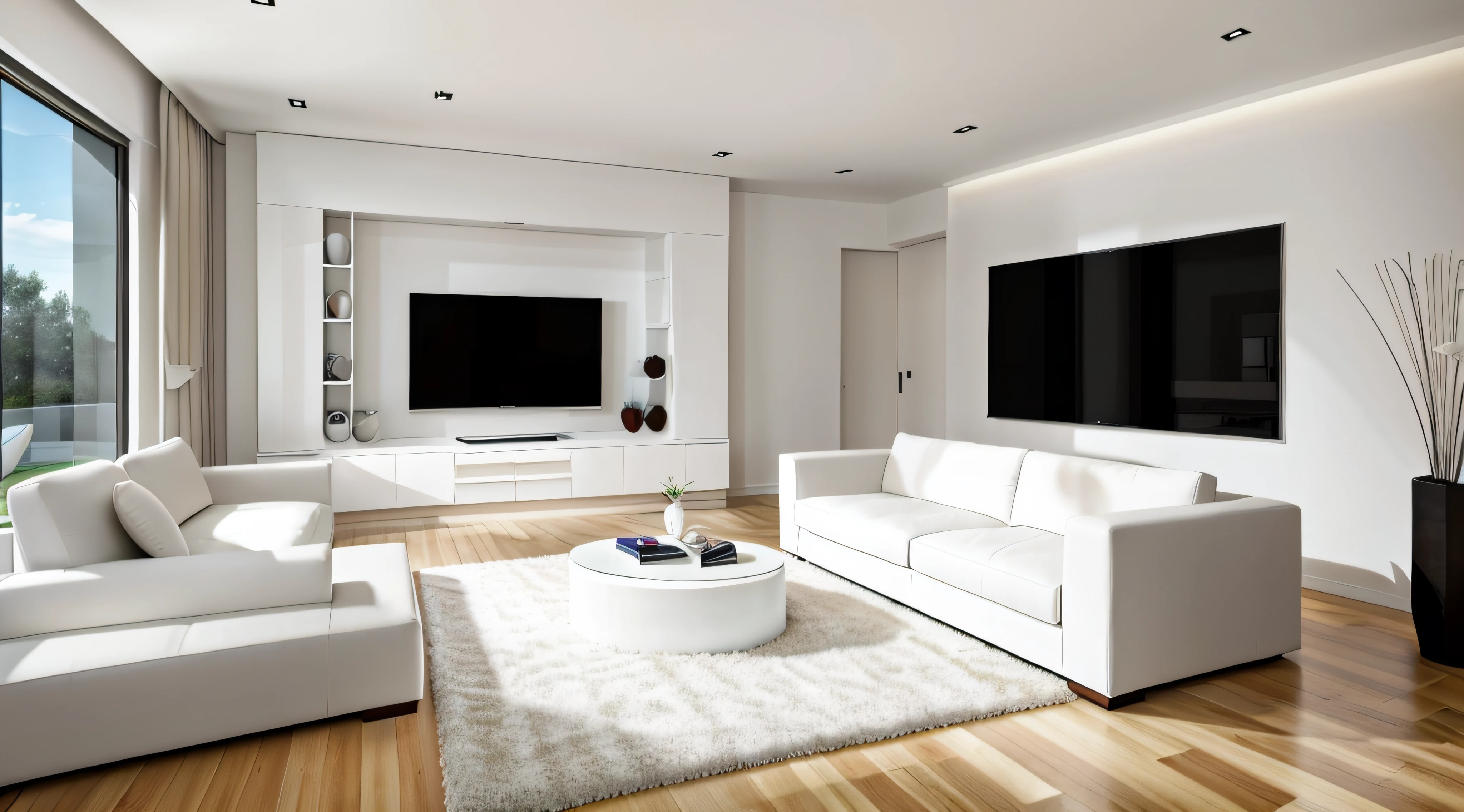 White sofa and tv unit in spacious room. Luxury home interior design of modern living room, panorama