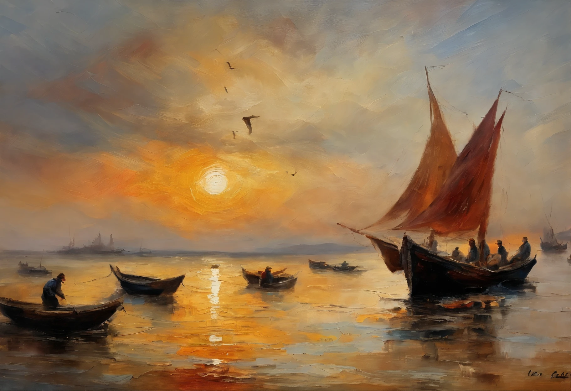 beautiful,detailed spanish man,fisherman,year 1500,old Spanish port,seaside village,traditional fishing boat,ancient architecture,coastline,calm sea,setting sun,swirling clouds,historical atmosphere,vivid colors,baroque style,key light shining on the man's face,crimson and gold color palette,meticulously rendered brush strokes,masterpiece:1.2,ultra-detailed,realistic:1.37,light and shadow dancing on the man's weathered face,lively expressions in his eyes and mouth,rough hands holding a fishing net,wrinkles and age spots,authentic Spanish clothing,ornate decorations on his hat,bold and confident stance,solemn expression,majestic river flowing into the sea,rippling waves reflecting the warm hues of the sunset,peaceful atmosphere blending with the rich history of the village,fishing nets hanging to dry along the shore,boats dotting the horizon,seagulls gracefully gliding overhead,tranquility and serenity,engulfing the scene,immersive journey to the past.