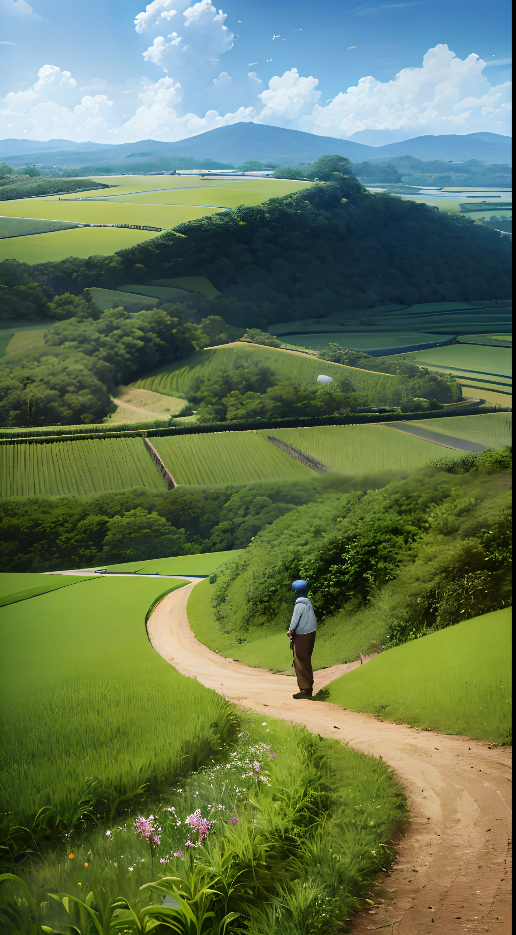An old farmer carrying a flat burden, walking on the winding path of the countryside, big clouds, blue sky, rice fields, neat rice seedlings in the field, forest, hillside, secluded, countryside, HD detail, hyper-detail, cinematic, surrealism, soft light, deep field focus bokeh, ray tracing and surrealism. --v6