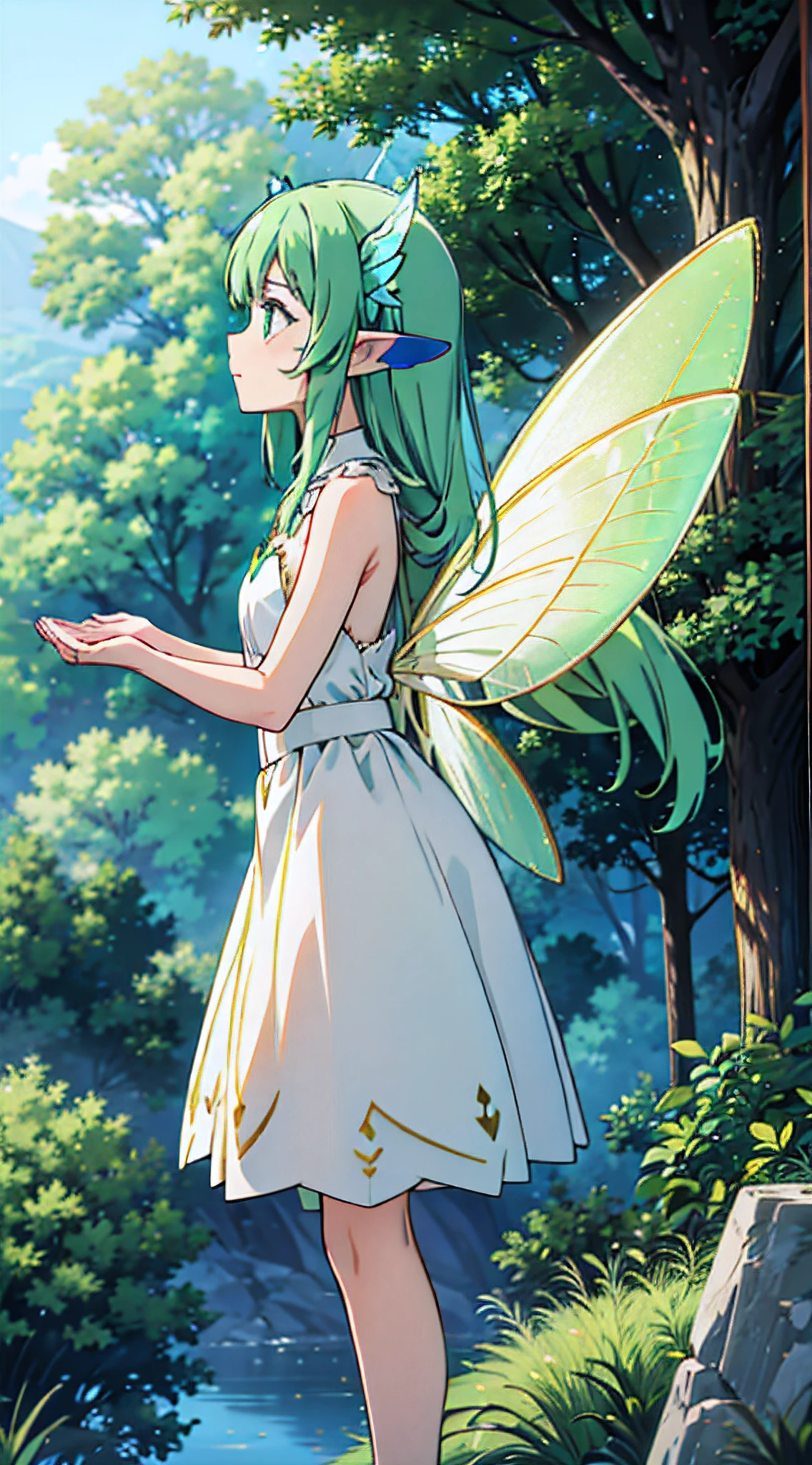 1 girl,solo,(floating and flying:1.2),(fairy_wings:1.6),(elf ears:1.3),(detached_wings:1.2),beautiful,(sparse forest),green hair,shining body,shining eyes,flying hair,visually stunning,beautiful,happy,rich facial expressions,(clear forest background),(in-flight:1.2),a white dress,multiple_wings,mini_wings,butterfly_wings,absurdres,pointy_ears,a small blue flower,