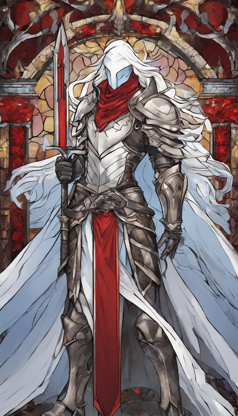 (portraite of a), ((beste-Qualit, hight resolution, ultradetailed), bright colours, 1 male, grown up, tall muscular guy, wide shoulders, Fantasy, dnd, Aasimar, person, the angel of death, with white wings, White Smooth Face Mask, ((face mask)), Mask on the whole face, Hides Eyes, hides the face, White long hair, white colored hair, slick hair, straight hair, Chain mail, chain mail armor, Fantasy armor, cinematic composition, Creating an atmospheric atmosphere, knight, paladin, PaladinOathbreaker, Gothic armor, Full-length portrait of a mysterious knight, Wearing heavy armor, pale skin, macabre, Gloomy design, Has red smoke and aura, evil knight, Fallen Knight, eldritch, Creepy, nightmarish, Epic Angel Wings, light around the head, red torn cloak, Additional lighting, whitebackground