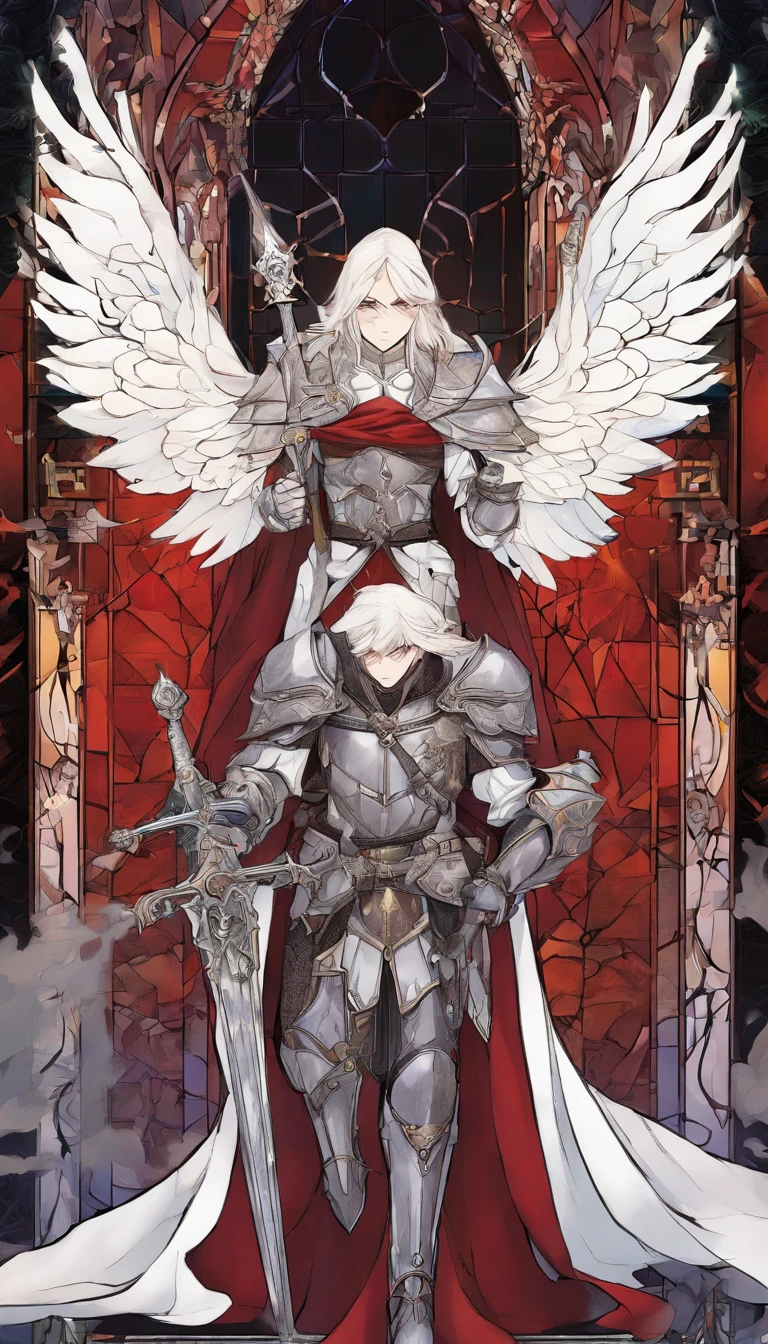 (portraite of a), ((beste-Qualit, hight resolution, ultradetailed), bright colours, 1 male, grown up, tall muscular guy, wide shoulders, Fantasy, dnd, Aasimar, person, the angel of death, with white wings, White Smooth Face Mask, ((face mask)), Mask on the whole face, Hides Eyes, hides the face, White long hair, white colored hair, slick hair, straight hair, Chain mail, chain mail armor, Fantasy armor, cinematic composition, Creating an atmospheric atmosphere, knight, paladin, PaladinOathbreaker, Gothic armor, Full-length portrait of a mysterious knight, Wearing heavy armor, pale skin, macabre, Gloomy design, Has red smoke and aura, evil knight, Fallen Knight, eldritch, Creepy, nightmarish, Epic Angel Wings, light around the head, red torn cloak, Additional lighting, whitebackground